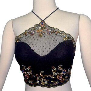 Free People Crop Halter Top Black Sheer Beaded Embroidered Fairy Festival Boho S